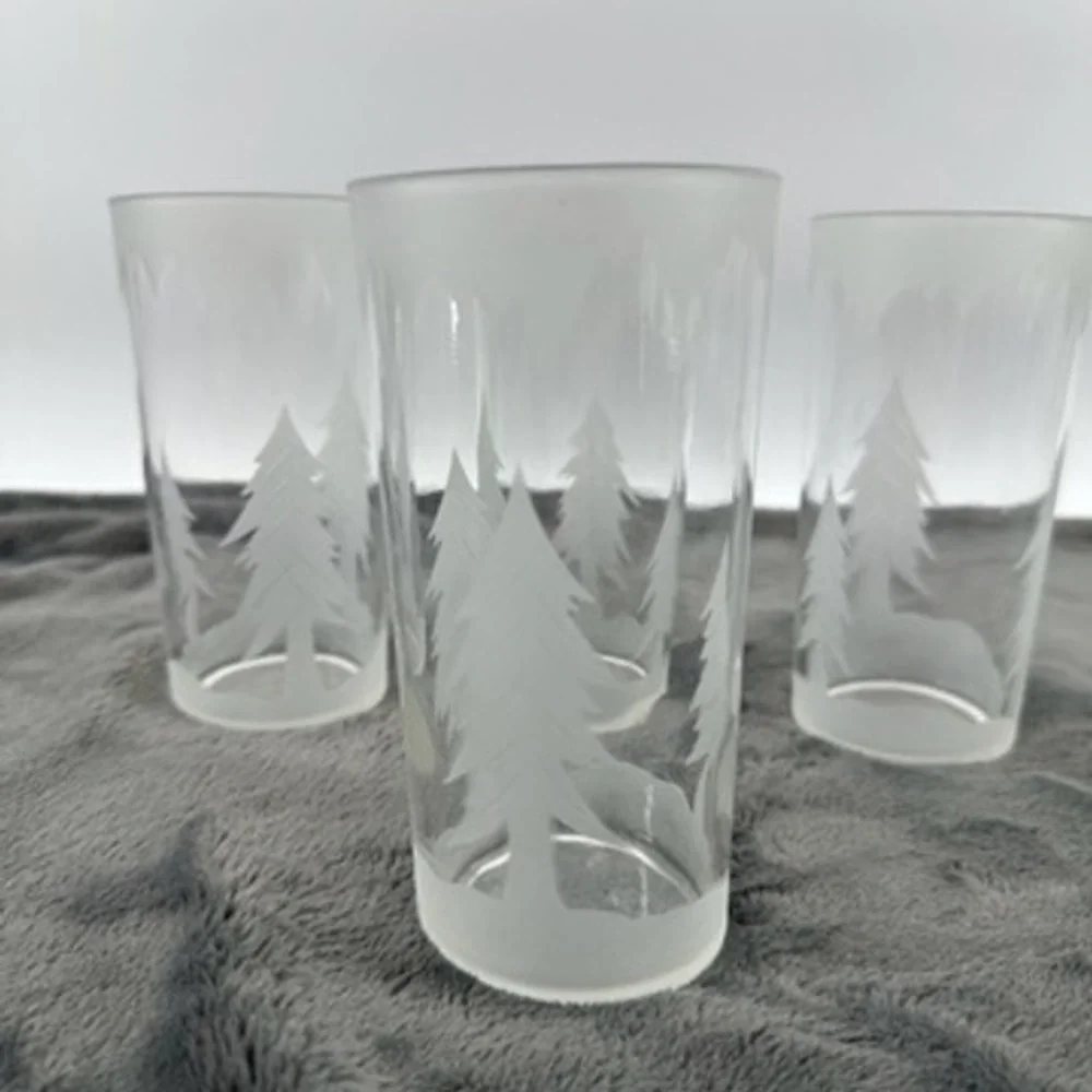 Mid Century Federal Frosted Pine Tree Glasses Set of 5 Highball Glasses Tumblers